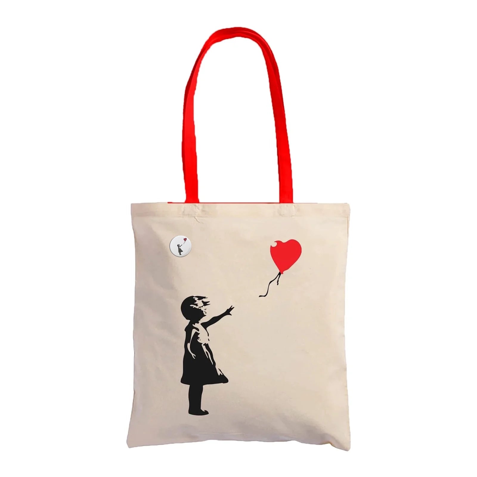 Tote Bag - Girl with red balloon shopper in natural cotton 220 g/m2 with pin