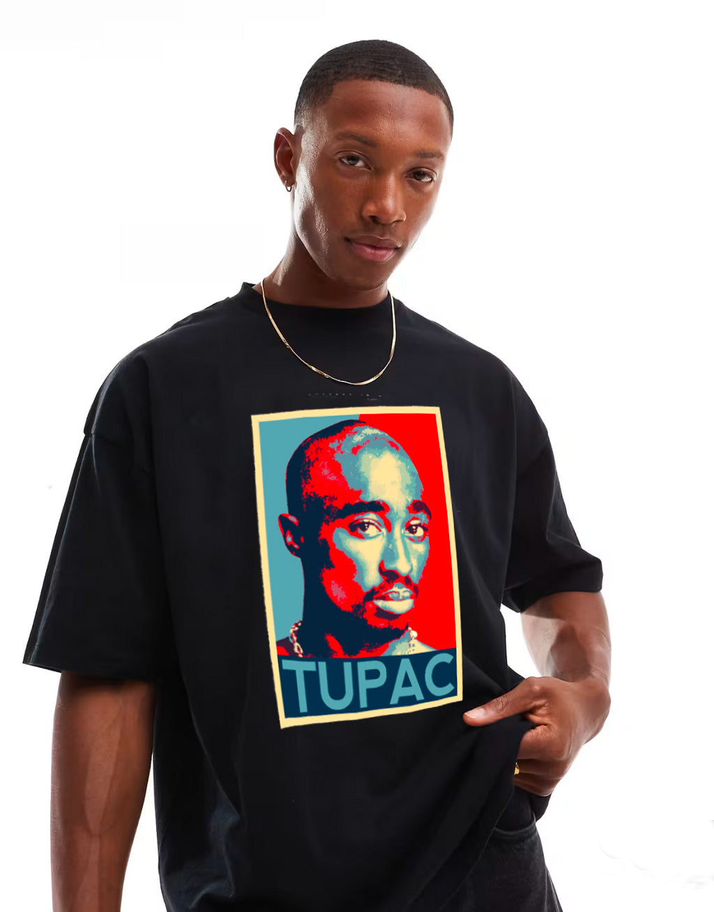 T-Shirt Oversize Nera con Stampa Di Tupac