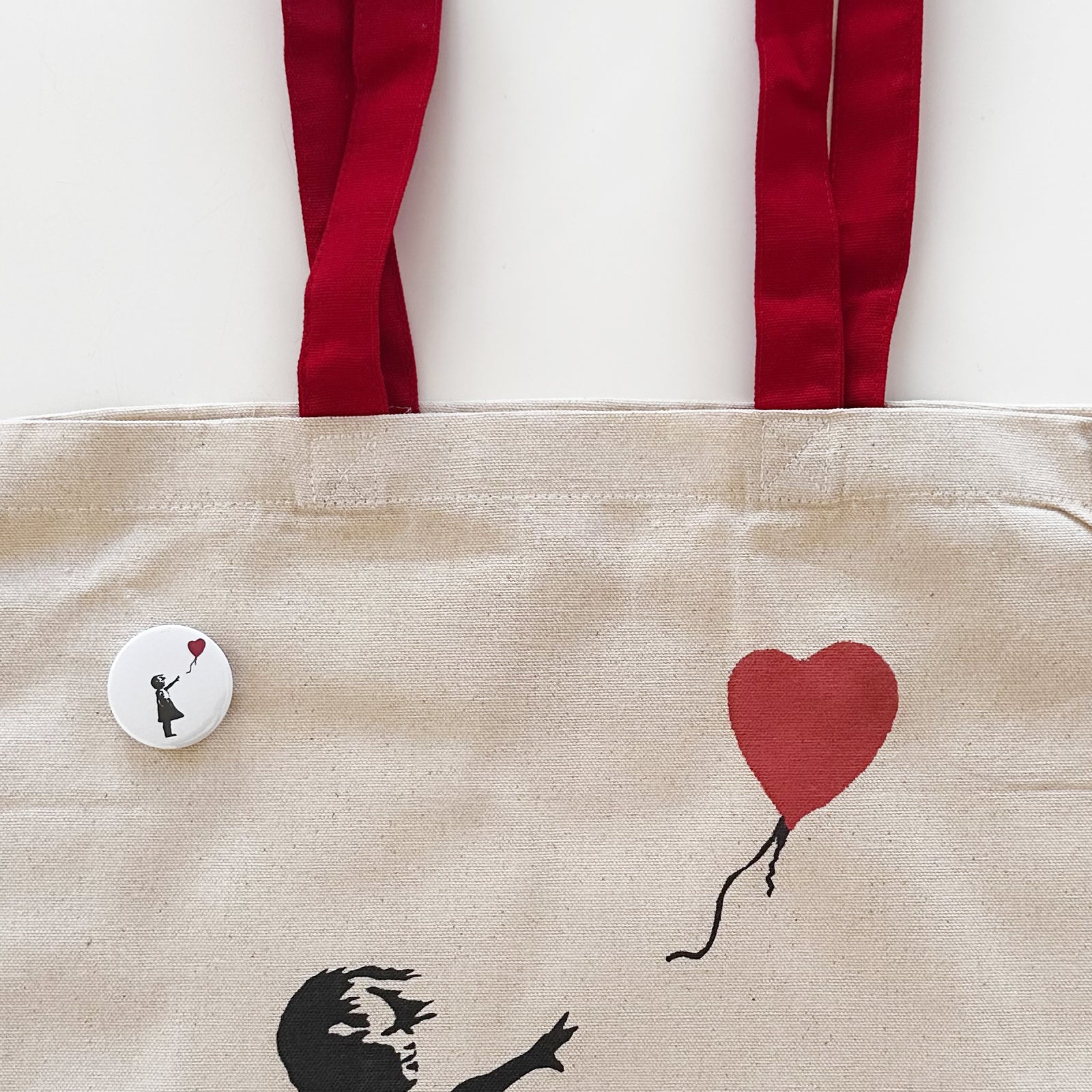 Tote Bag - Girl with red balloon shopper in natural cotton 220 g/m2 with pin