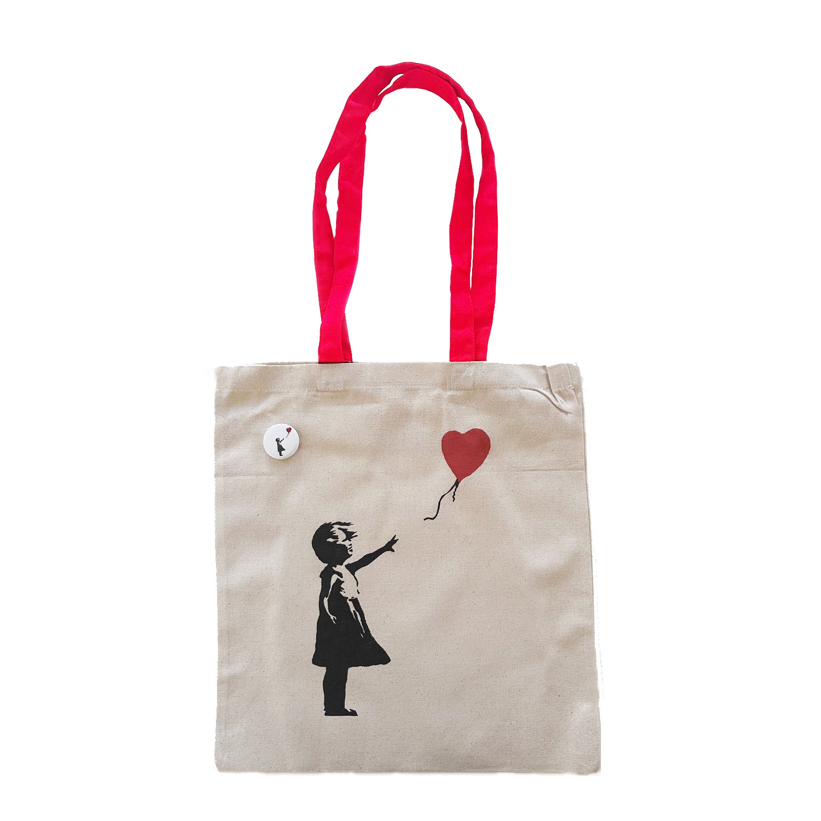 Tote Bag - Girl with red balloon shopper in natural cotton 220 g/m2 with pin